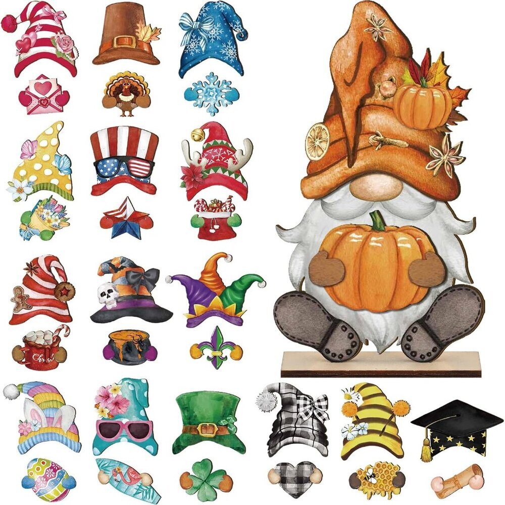 Interchangeable Wooden Gnome Decor DIY Holiday Seasonal Fall Gnomes Halloween Ti